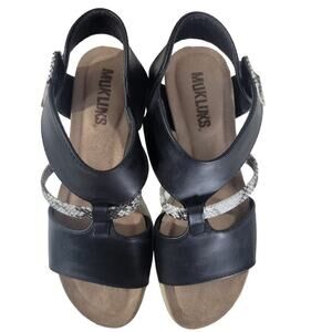 MUK LUKS Black Leather Animal Print Wedge Sandal  8 Summer Comfort Resort Casual